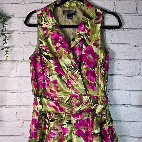 JESSICA HOWARD WRAP STYLE SWING DRESS, SLEEVELESS GREEN WITH PURPLE FLOWERS SZ 8 - Picture 8 of 8
